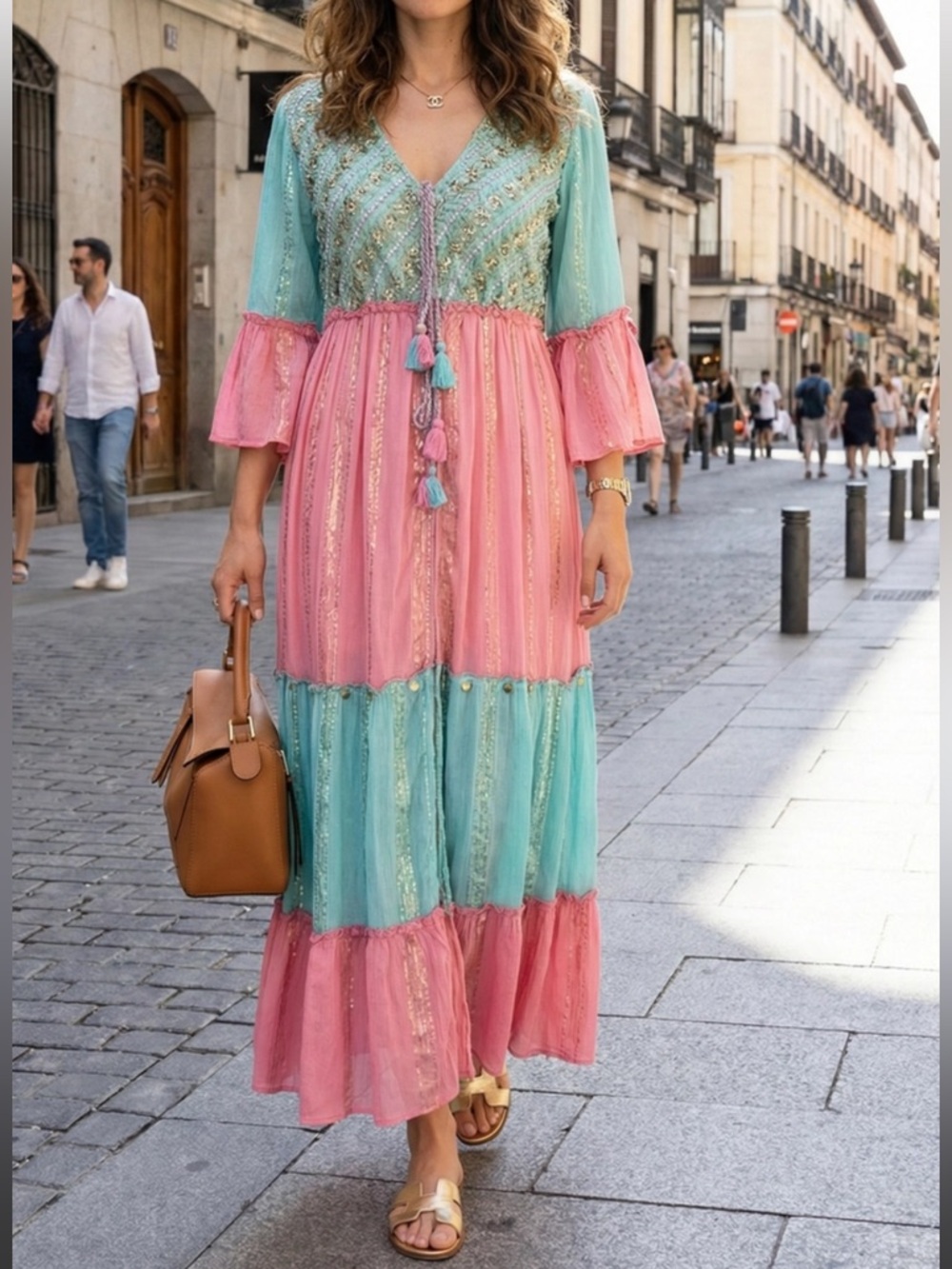 Boho Hand Embroidered Tiered Tie Dye V-Neck Maxi Dress in Pink and Aqua
